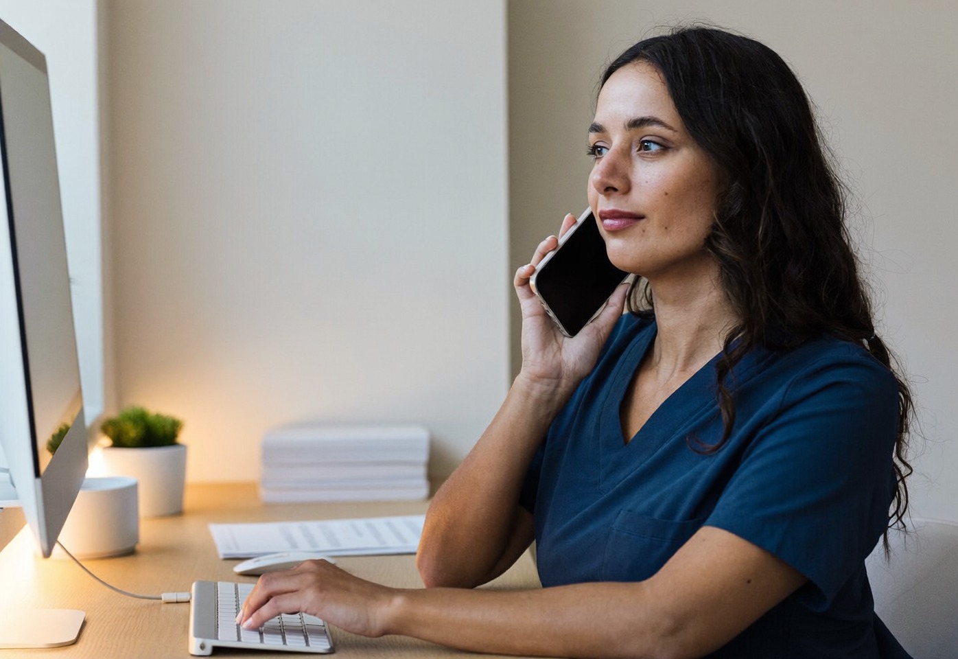 A dental practice insurance coordinator waiting on hold at the front desk, telephone handset to her ear.